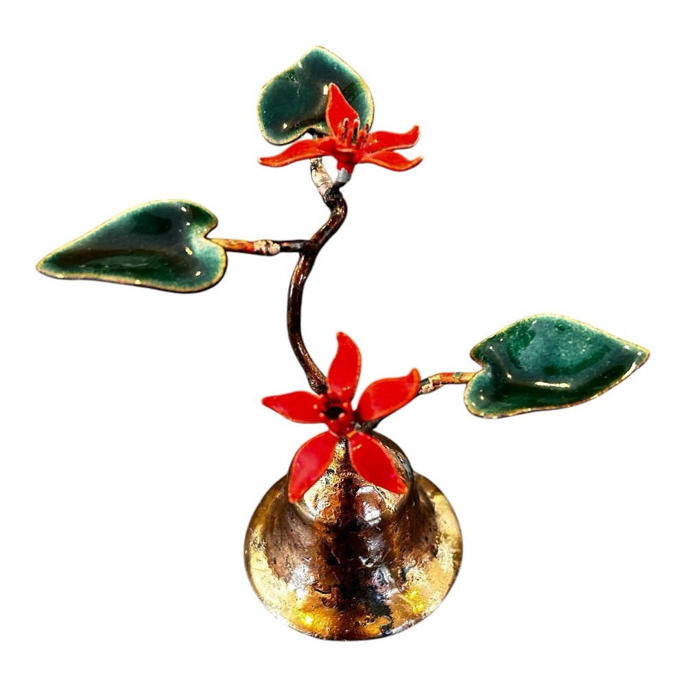 Vintage ENAMEL BELL RED‎ FLOWERS Green Leaves